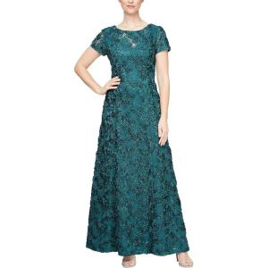 imageAlex Evenings Womens Long Rosette Mother of The Bride Dress with Short Sleeves Wedding Guest Petite and Regular SizesEmerald