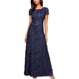 imageAlex Evenings Womens Long Rosette Mother of The Bride Dress with Short Sleeves Wedding Guest Petite and Regular SizesNavy