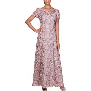 imageAlex Evenings Womens Long Rosette Mother of The Bride Dress with Short Sleeves Wedding Guest Petite and Regular SizesRose