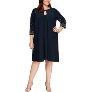 imageAlex Evenings Womens Midi Scoop Neck Shift Dress with Jacket Petite and RegularNavy Beaded