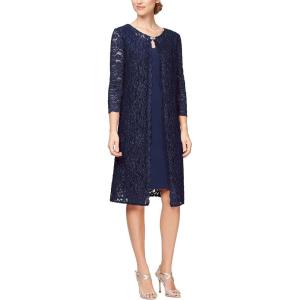 imageAlex Evenings Womens Midi Scoop Neck Shift Dress with Jacket Petite and RegularNavy Glitter
