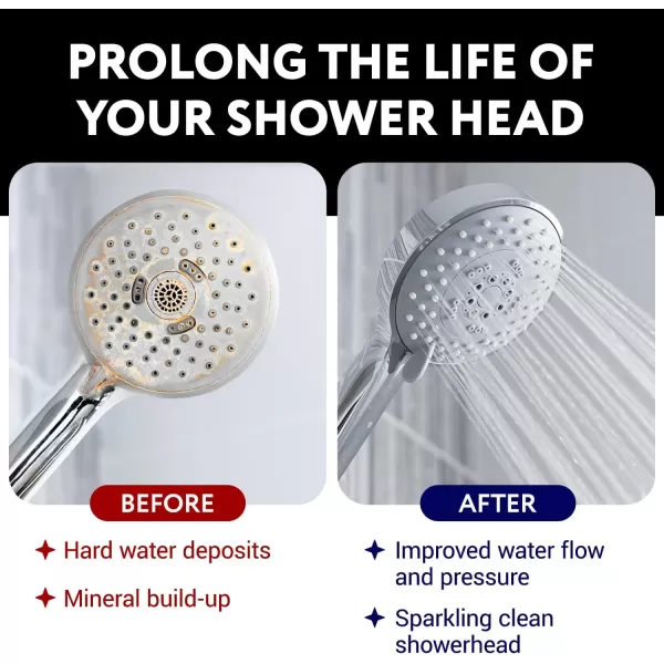 image8 Uses Shower Head Cleaner Solution  Universal Limescale Remover for Shower Head  Calcium Lime Rust Remover for Better Water Flow  Made in USA Hard Water Shower Cleaner  Bathroom Cleaning Supplies