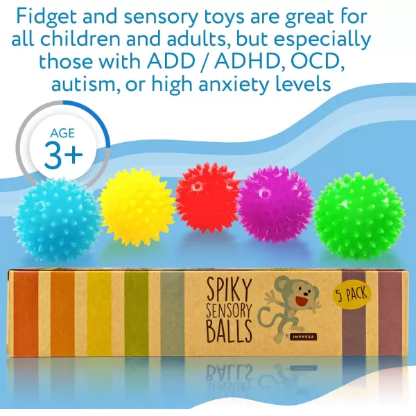 image5 Pack Spiky Sensory Balls  Squeezy and Bouncy Fidget Toys  Sensory Toys  No BPA Phthalates Latex  School and Special Education Supply