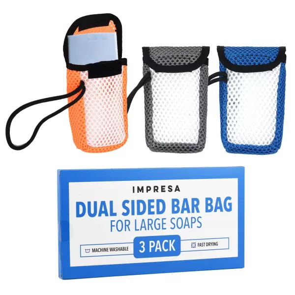 imageIMPRESA 3 Pack Exfoliating Soap Saver Pouch for Large Bar Soap fits Duke Cannon Bar Soaps Soap Scrubber Pouch Holds Up To 458 x 275 x 15 Inches Soap
