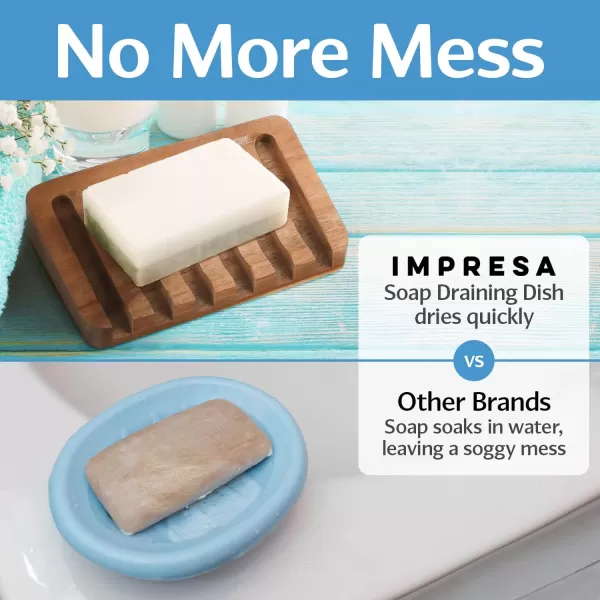 imageIMPRESA 3 Pack Self Draining Soap Dish for Dry Lasting Soap  WaterProof Acacia Wood Soap Dishes  Vintage Sloped Design for Bathroom and Kitchen  Sturdy Soap Tray for Shower