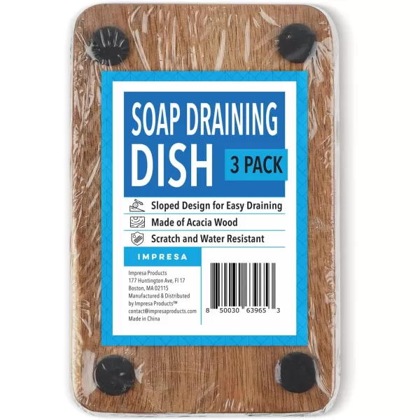 imageIMPRESA 3 Pack Self Draining Soap Dish for Dry Lasting Soap  WaterProof Acacia Wood Soap Dishes  Vintage Sloped Design for Bathroom and Kitchen  Sturdy Soap Tray for Shower