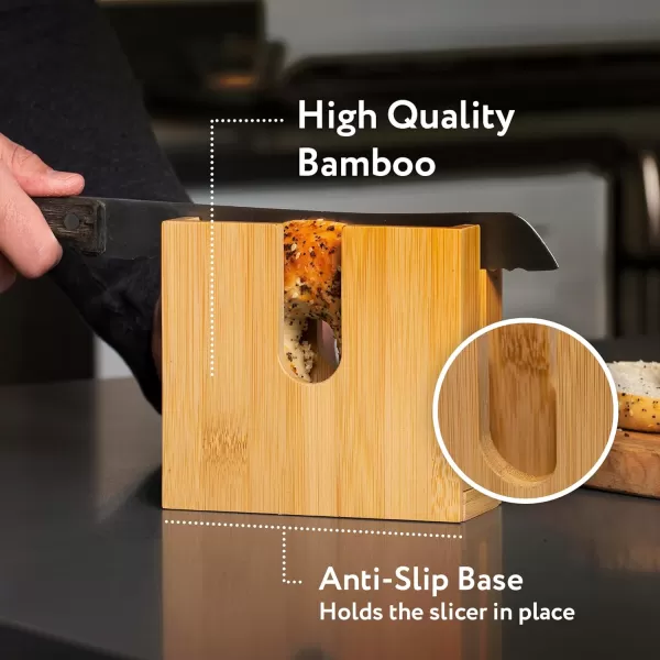 imageIMPRESA Bamboo Bagel Slicer Holder for Safe ampamp Even Slices  Removable Bottom For Cleaning  Bagel Slicer for Small ampamp Large Bagels with AntiSlip Base  Bagel Holder Bread Slicer  Bagel Cutter Slicer