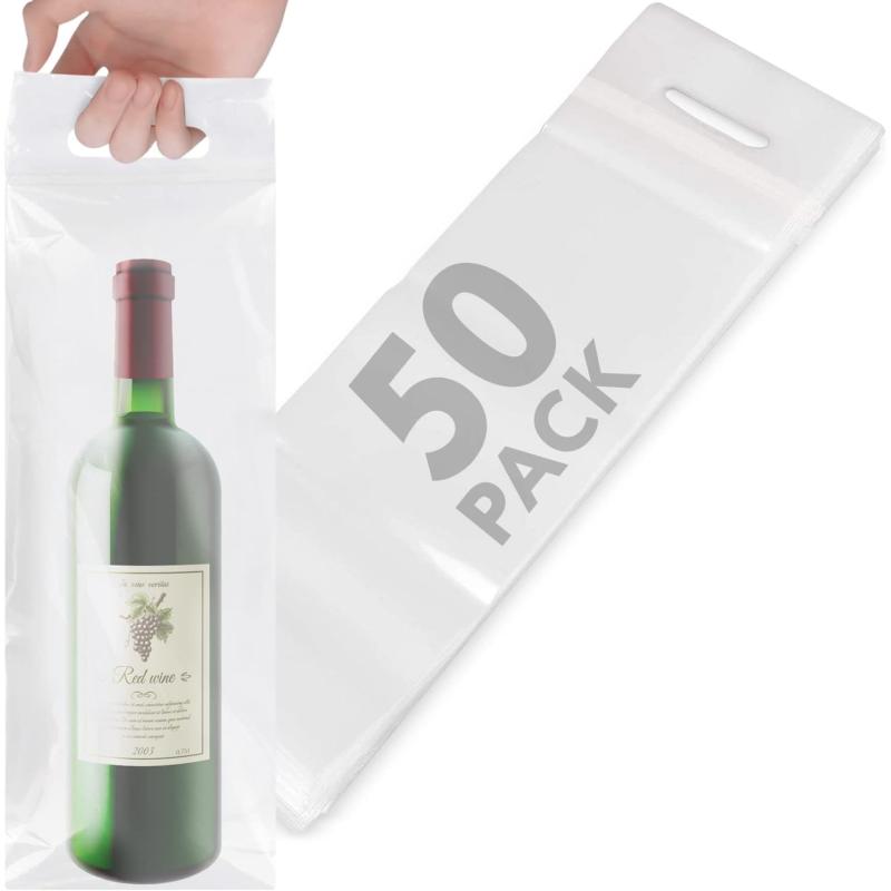 imageIMPRESA  Clear Plastic To Go Wine Bags with Handles  50 Pack  Great for Restaurants Bars Travel and Housewarming Gifts  Fits 25 oz Bottles  Tamper Proof Seal