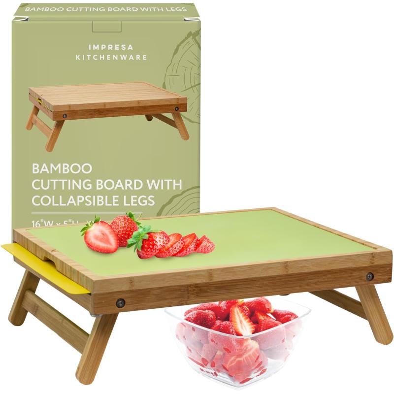 imageIMPRESA Large Raised Bamboo Cutting Board for Kitchen with 2 Cutting Mats  Wooden Cutting Board with Legs  Kitchen Cutting Boards for Countertop  for Kitchen  Chopping Board  16x5x13
