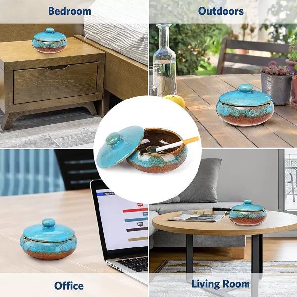 imageRONXS Ashtray Outdoor Ash tray for Patio with Lid Windproof Ashtrays for Cigarettes Handmade Ceramic Ashtray for Home Office Indoor DecorationABlue