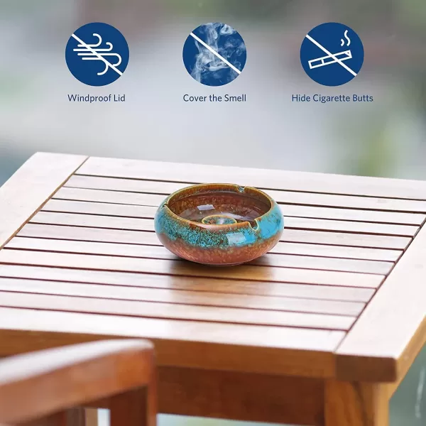 imageRONXS Ashtray Outdoor Ash tray for Patio with Lid Windproof Ashtrays for Cigarettes Handmade Ceramic Ashtray for Home Office Indoor DecorationABlue