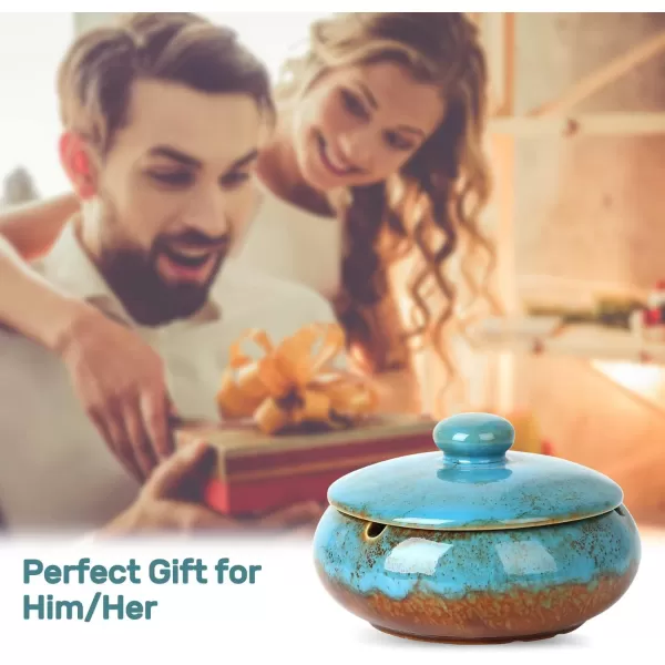 imageRONXS Ashtray Outdoor Ash tray for Patio with Lid Windproof Ashtrays for Cigarettes Handmade Ceramic Ashtray for Home Office Indoor DecorationABlue