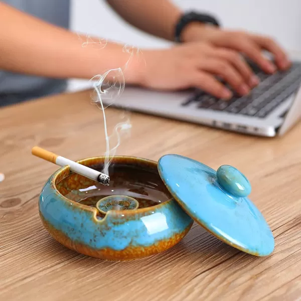 imageRONXS Ashtray Outdoor Ash tray for Patio with Lid Windproof Ashtrays for Cigarettes Handmade Ceramic Ashtray for Home Office Indoor DecorationABlue