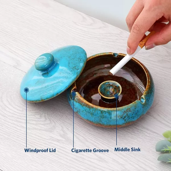imageRONXS Ashtray Outdoor Ash tray for Patio with Lid Windproof Ashtrays for Cigarettes Handmade Ceramic Ashtray for Home Office Indoor DecorationABlue