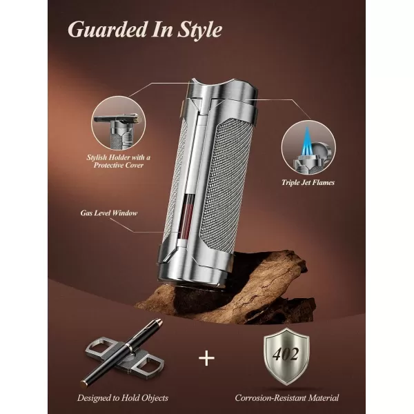 imageRONXS Cigar Torch Lighter Set Cigar Cutter Windproof Lighters Butane Refillable Adjustable Triple Jet Flame Cool Lighter Great Gift Idea for Fathers Day and BirthdayButane Gas Not IncludedSilver