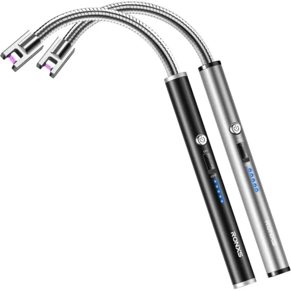 imageRONXS Candle Lighter Electric Lighter Rechargeable Type C Lighters Arc Lighter with LED Battery Display Flameless Long Lighters for Candles Grill BBQ Camping BlackIblacksilver