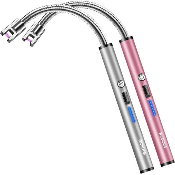 imageRONXS Candle Lighter Electric Lighter Rechargeable Type C Lighters Arc Lighter with LED Battery Display Flameless Long Lighters for Candles Grill BBQ Camping BlackLsilverpink