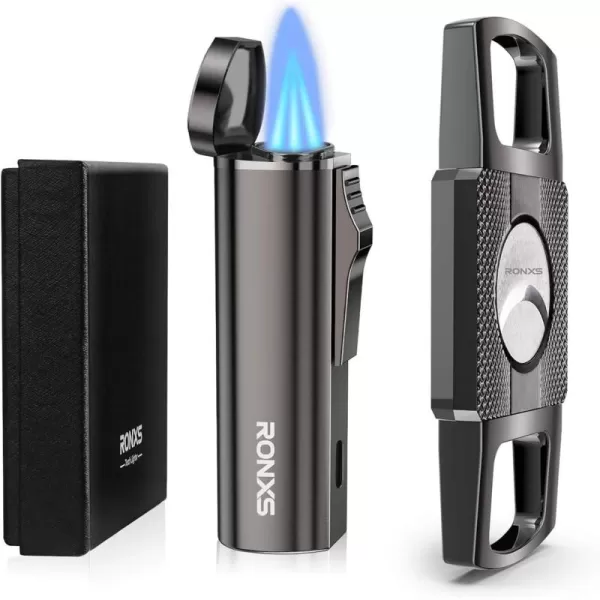 imageRONXS Cigar Lighter and Cutter Set Adjustable Jet Flame Torch Lighter and Cigar Cutter Windproof Cigarette Lighters Great Gift Idea for Fathers Day and Birthday Butane Gas Not Included BlackBlack