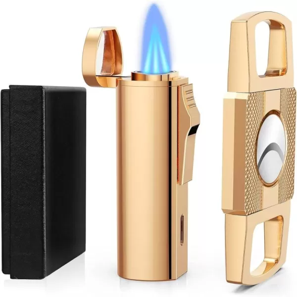 imageRONXS Cigar Lighter and Cutter Set Adjustable Jet Flame Torch Lighter and Cigar Cutter Windproof Cigarette Lighters Great Gift Idea for Fathers Day and Birthday Butane Gas Not Included BlackGold