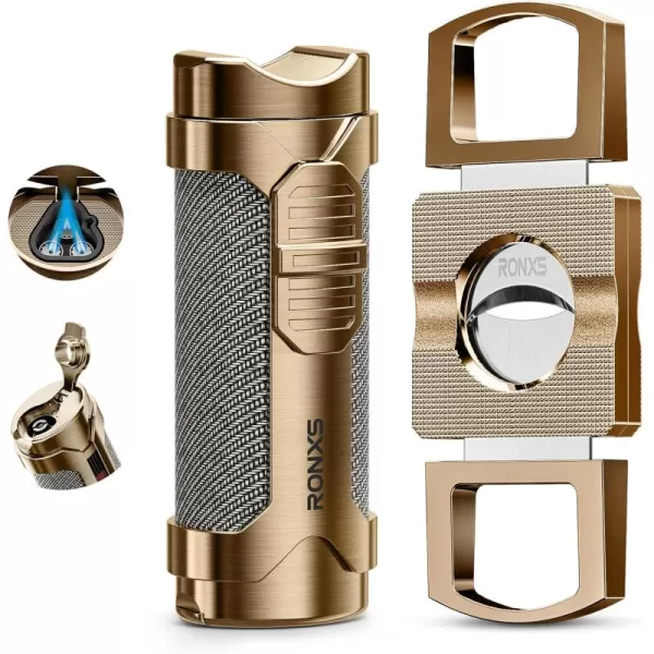 imageRONXS Cigar Torch Lighter Set Cigar Cutter Windproof Lighters Butane Refillable Adjustable Triple Jet Flame Cool Lighter Great Gift Idea for Fathers Day and BirthdayButane Gas Not IncludedGold