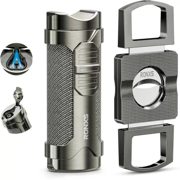 imageRONXS Cigar Torch Lighter Set Cigar Cutter Windproof Lighters Butane Refillable Adjustable Triple Jet Flame Cool Lighter Great Gift Idea for Fathers Day and BirthdayButane Gas Not IncludedGray