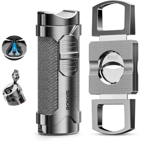 imageRONXS Cigar Torch Lighter Set Cigar Cutter Windproof Lighters Butane Refillable Adjustable Triple Jet Flame Cool Lighter Great Gift Idea for Fathers Day and BirthdayButane Gas Not IncludedSilver