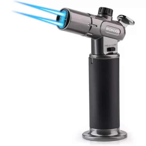 imageRONXS Torch Lighter Refillable Kitchen Butane Torch Cooking Torch with Safety Lock and Adjustable SingleDual Flame for Creme Brulee BBQ Baking Crafts and Soldering Butane Gas Not IncludedBlack