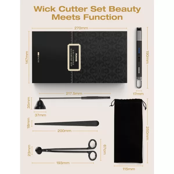 imageRONXS 4 in 1 Candle Accessory Set Candle Wick Trimmer Cutter Candle Electric Lighter Candle Snuffer Extinguisher Wick Dipper with Gift Package for Candle Lovers Gift for Her BlackAblack