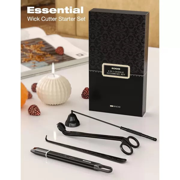imageRONXS 4 in 1 Candle Accessory Set Candle Wick Trimmer Cutter Candle Electric Lighter Candle Snuffer Extinguisher Wick Dipper with Gift Package for Candle Lovers Gift for Her BlackAblack