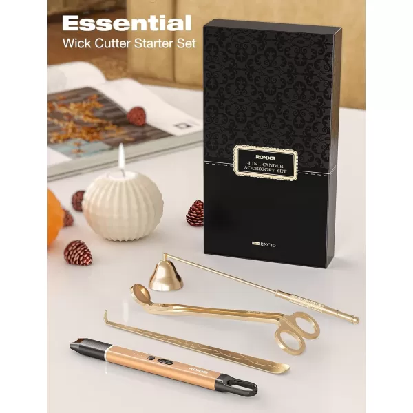 imageRONXS 4 in 1 Candle Accessory Set Candle Wick Trimmer Cutter Candle Electric Lighter Candle Snuffer Extinguisher Wick Dipper with Gift Package for Candle Lovers Gift for Her BlackCgold