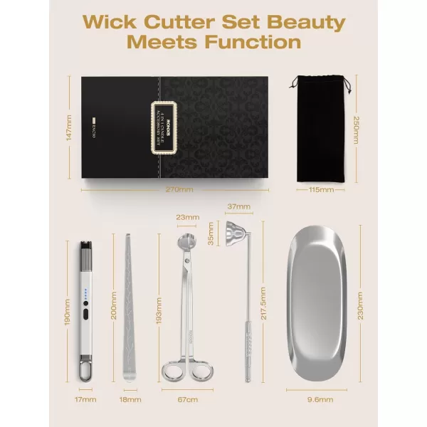 imageRONXS 4 in 1 Candle Accessory Set Candle Wick Trimmer Cutter Candle Electric Lighter Candle Snuffer Extinguisher Wick Dipper with Gift Package for Candle Lovers Gift for Her BlackFsilver With Tray