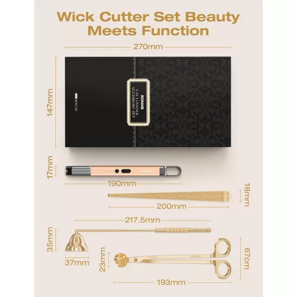 imageRONXS 4 in 1 Candle Accessory Set Candle Wick Trimmer Cutter Candle Electric Lighter Candle Snuffer Extinguisher Wick Dipper with Gift Package for Candle Lovers Gift for Her BlackCgold