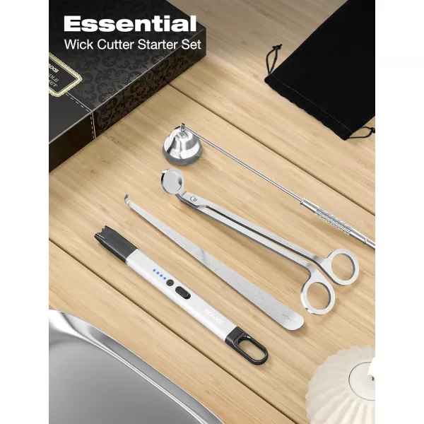 imageRONXS 4 in 1 Candle Accessory Set Candle Wick Trimmer Cutter Candle Electric Lighter Candle Snuffer Extinguisher Wick Dipper with Gift Package for Candle Lovers Gift for Her BlackFsilver With Tray