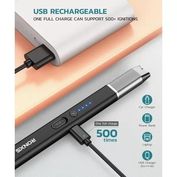 imageRONXS Electric Lighter Candle Lighter with Safety Lock Windproof Flamless Arc Rechargeable Long Lighter with Battery IndicatorAblackchampagne