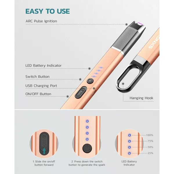 imageRONXS Electric Lighter Candle Lighter with Safety Lock Windproof Flamless Arc Rechargeable Long Lighter with Battery IndicatorAblackchampagne