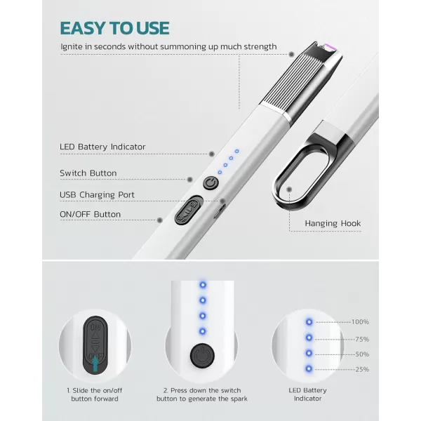 imageRONXS Electric Lighter Candle Lighter with Safety Lock Windproof Flamless Arc Rechargeable Long Lighter with Battery IndicatorBblackwhite