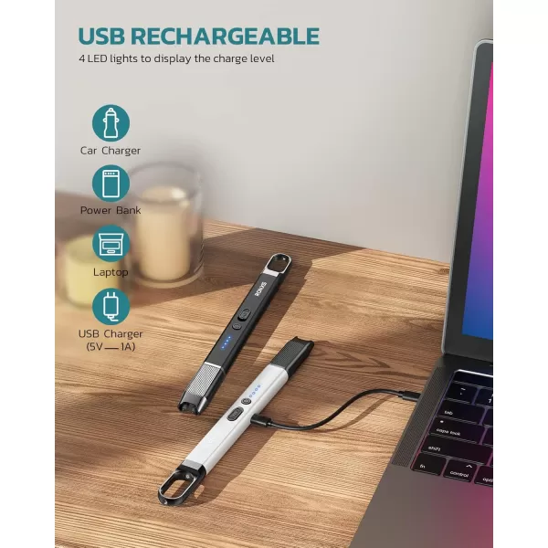 imageRONXS Electric Lighter Candle Lighter with Safety Lock Windproof Flamless Arc Rechargeable Long Lighter with Battery IndicatorBblackwhite