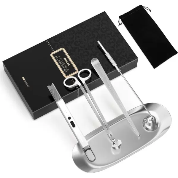 imageRONXS 4 in 1 Candle Accessory Set Candle Wick Trimmer Cutter Candle Electric Lighter Candle Snuffer Extinguisher Wick Dipper with Gift Package for Candle Lovers Gift for Her BlackFsilver With Tray