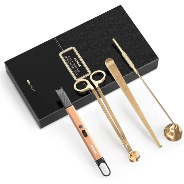imageRONXS 4 in 1 Candle Accessory Set Candle Wick Trimmer Cutter Candle Electric Lighter Candle Snuffer Extinguisher Wick Dipper with Gift Package for Candle Lovers Gift for Her BlackCgold