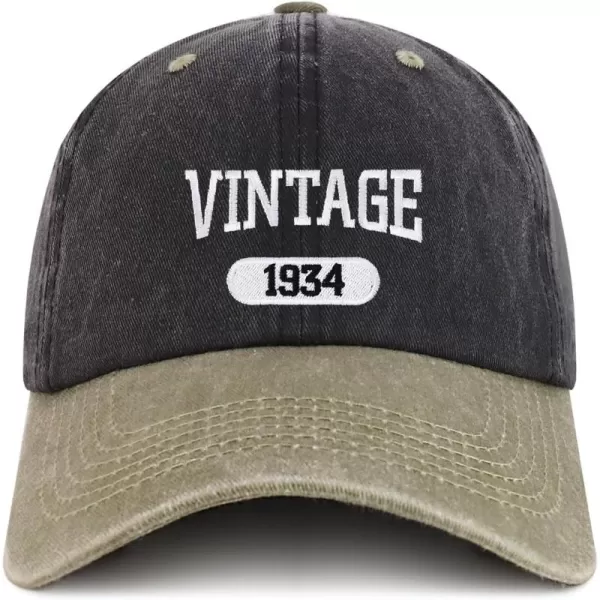 imageTrendy Apparel Shop Vintage 1934 Embroidered 90th Birthday Soft Crown Washed Cotton CapBlack Khaki