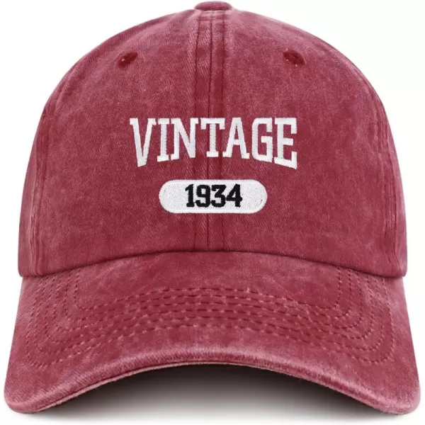 imageTrendy Apparel Shop Vintage 1934 Embroidered 90th Birthday Soft Crown Washed Cotton CapBurgundy