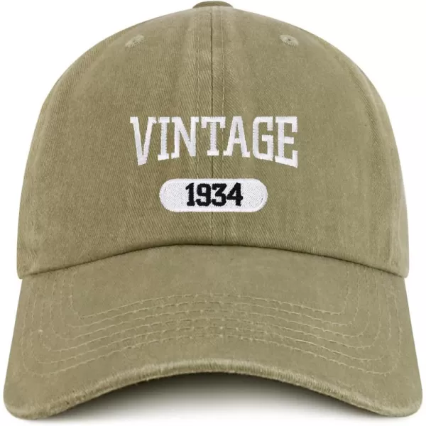 imageTrendy Apparel Shop Vintage 1934 Embroidered 90th Birthday Soft Crown Washed Cotton CapKhaki