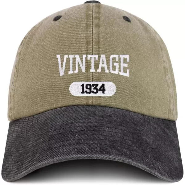 imageTrendy Apparel Shop Vintage 1934 Embroidered 90th Birthday Soft Crown Washed Cotton CapKhaki Black