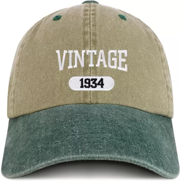 imageTrendy Apparel Shop Vintage 1934 Embroidered 90th Birthday Soft Crown Washed Cotton CapKhaki Darkgreen