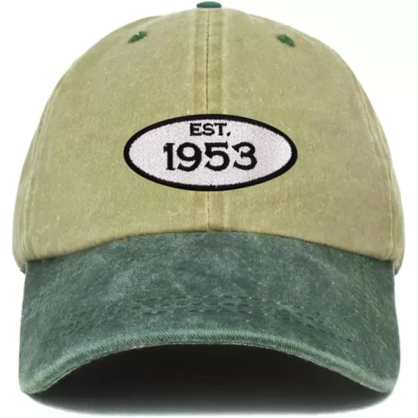 imageTrendy Apparel Shop Established 1954 Embroidered 70th Birthday Gift Pigment Dyed Washed Cotton CapKhaki Dark Green