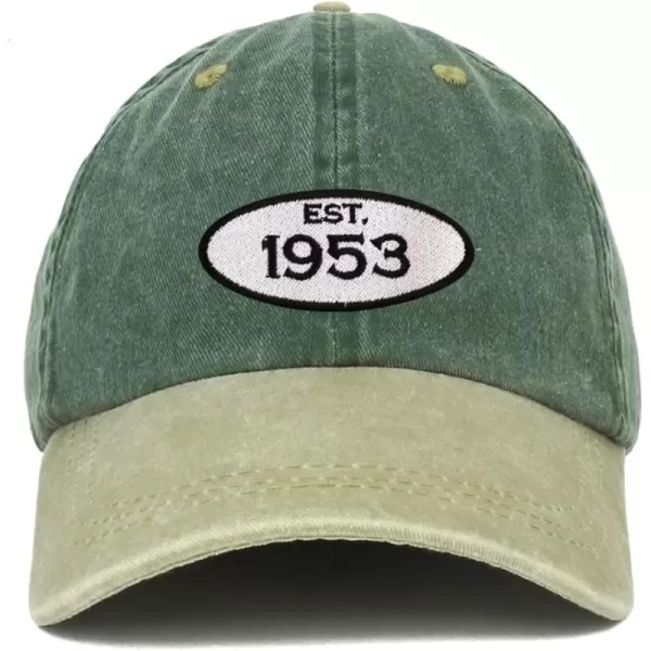 imageTrendy Apparel Shop Established 1954 Embroidered 70th Birthday Gift Pigment Dyed Washed Cotton CapSpruce Khaki