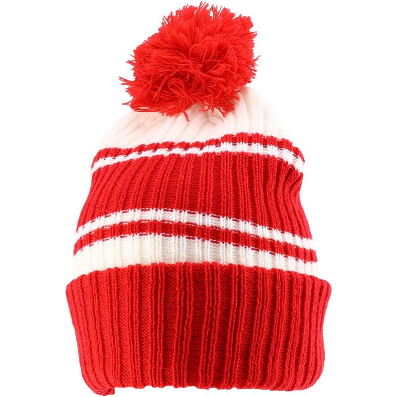 imageTrendy Apparel Shop Stripe Pattern Ribbed Knit Cuff Long Beanie with Pom PomRed White