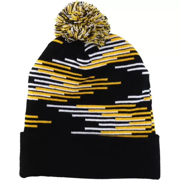 imageTrendy Apparel Shop Made in USA Staggered Bar Pattern Pom Pom Long Cuff BeanieBlack Gold White
