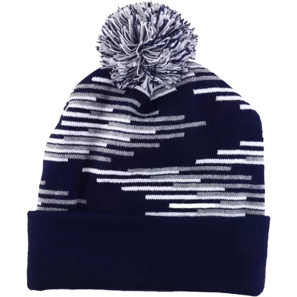 imageTrendy Apparel Shop Made in USA Staggered Bar Pattern Pom Pom Long Cuff BeanieNavy Grey White