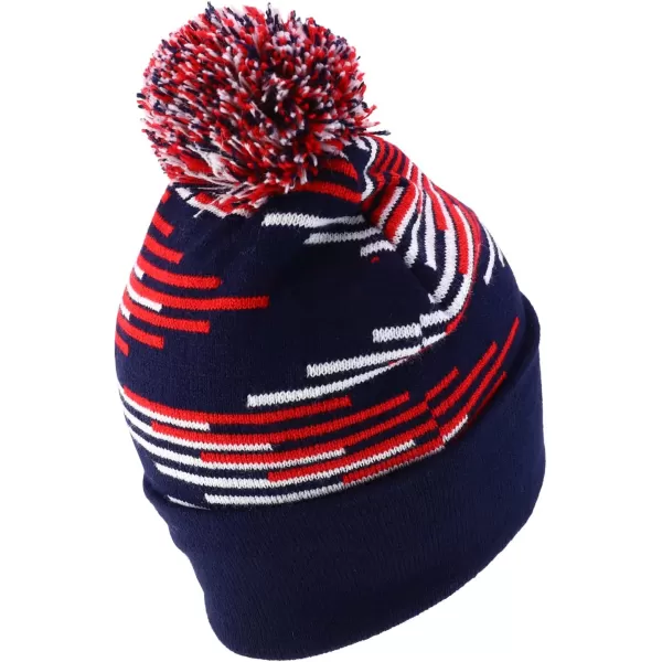 imageTrendy Apparel Shop Made in USA Staggered Bar Pattern Pom Pom Long Cuff BeanieNavy Red White